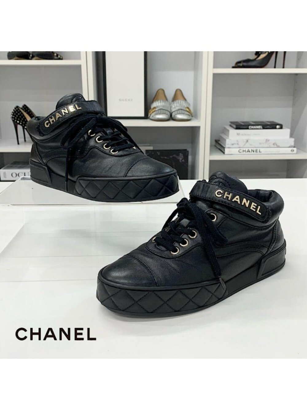Chanel CC Logo Quilted Leather Velcro Sneakers Black